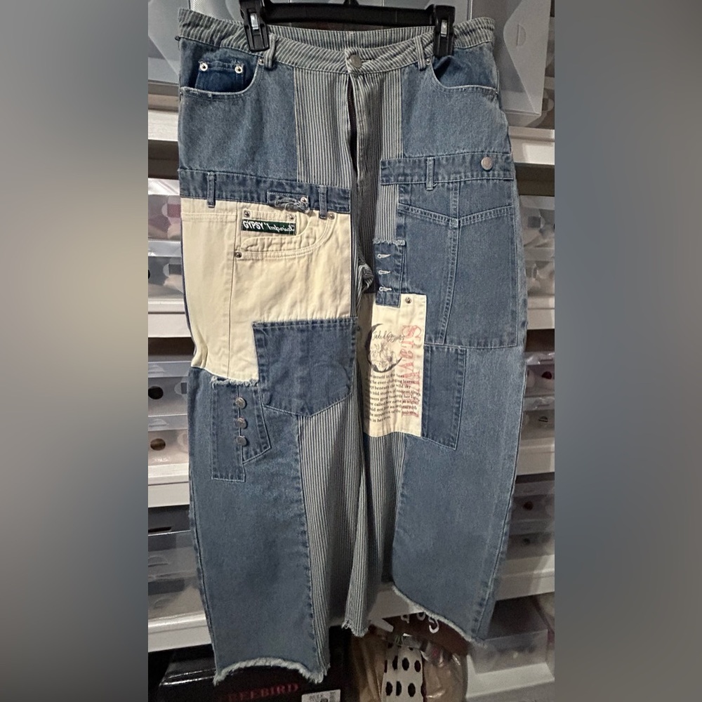 Jaded Gypsy Women's Relaxed Patchwork Denim Jeans in Blue with Cream Accents